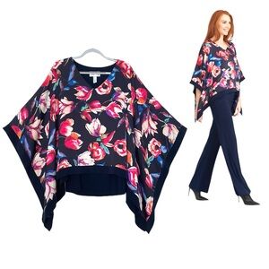 Joseph Ribkoff Tunic Size 18 Kimono Style Asymmetrical Floral Blouse Red Blue